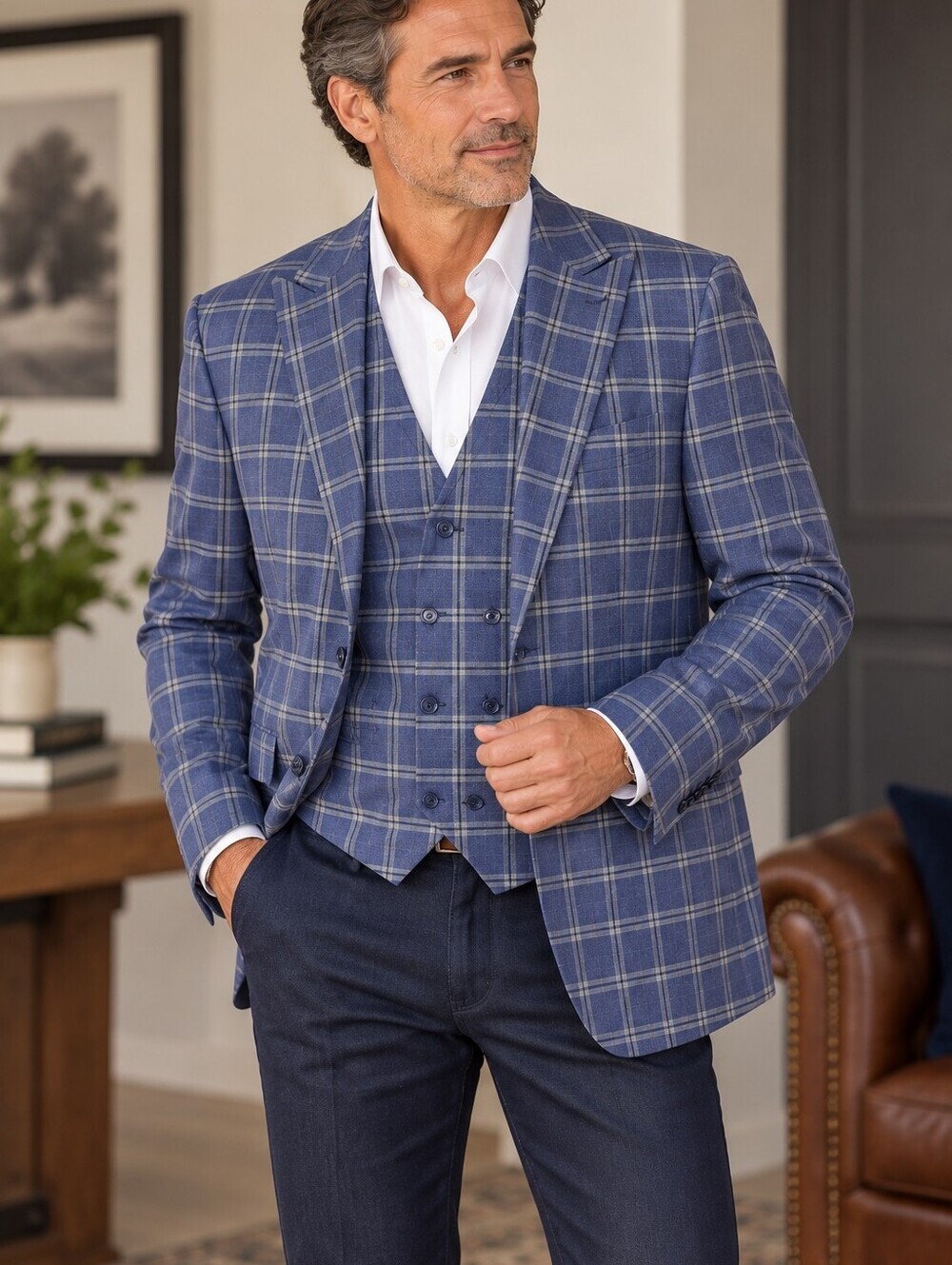 Falcone Dapper Preppy Blue Windowpane Plaid 2 Button Blazer W/vest. Mens 52L
